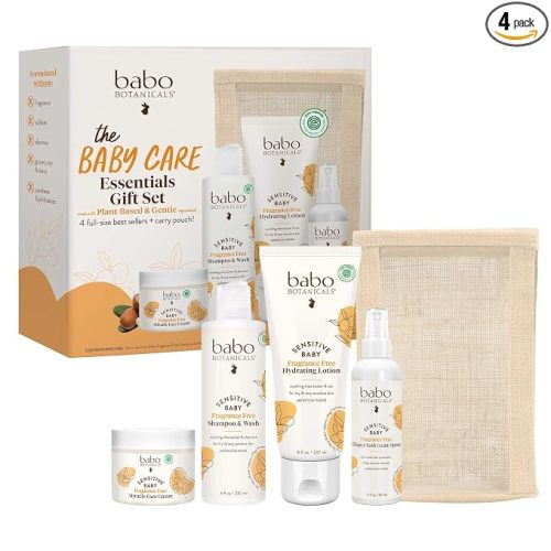 Babo Botanicals Baby Care Essentials Gift Set - Skincare, Bath & Diaper - For Delicate Skin, Fragrance-Free with Shea Butter, Includes Reusable Carry Pouch - Natural & Plant Based - 5 Items Set