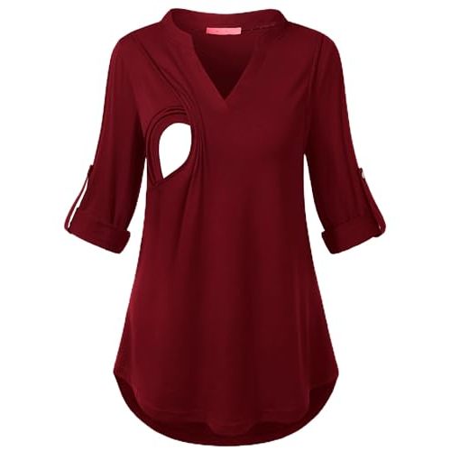 Joymom Maternity Rolled Long Sleeve Nursing Tops Tunic Blouses Breastfeeding