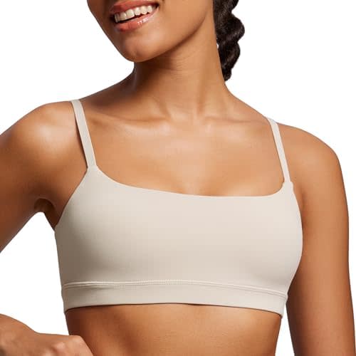CRZ YOGA Womens Butterluxe Adjustable Spaghetti Strap Sports Bra - Scoop Neck Wireless Padded Yoga Workout Crop Top