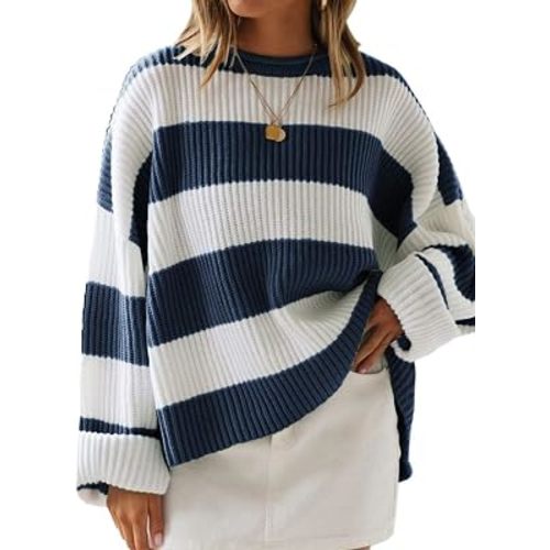 ZESICA Womens Long Sleeve Oversized Striped Knitted Sweaters