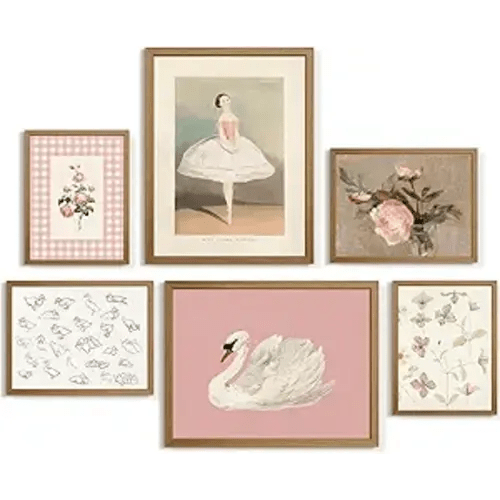 Nursery Pink Wall Art Decor Baby Girl Canvas Wall Art Vintage Floral Prints Kids Room Wall Decor Preppy Flower Poster Antique Pink Pictures Swans Painting for Girls Room Bedroom 8x10x6 Inch Framed