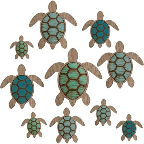 Novabright 10 Pcs Wooden Sea Turtle Wall Decor Rustic Farmhouse Beach Coastal Turtle Wall Art Adhesive Vintage Ocean Hanging Decoration Sculpture for Bathroom Bedroom Kitchen Garden Indoor Outdoor