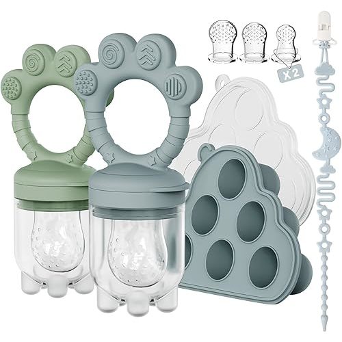 2 Pack Baby Fruit Food Feeder + Breastmilk Popsicle Molds,Baby Teethers,BPA Free,3 Sizes,2mm Fine Holes to Prevent Choking,Perfect for Teething Relief & Infant Solid Food Introduction,3 M+(Ether/Sage)