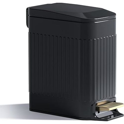 Small Bathroom Trash Can with Lid Soft Close-6L/1.6 Gal Slim Step Garbage Can-Metal Pedal Wastebasket-Narrow Rectangle Garbage Container Bin for Corner Office, Bedroom, Toilet, Live Room-Black
