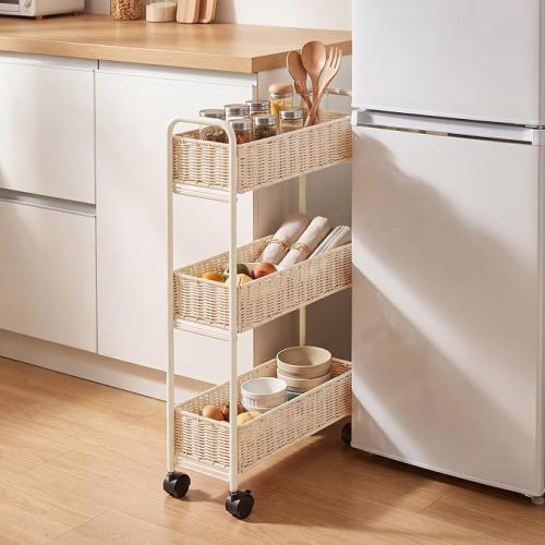Utility Slim Storage Cart,3-Tier Rolling Kitchen Office Laundry Room Cart with Wheels,Mobile Shelving Unit Organizer for Living Room,Bathroom, Baby Diaper,Art,Dining Room Narrow Places