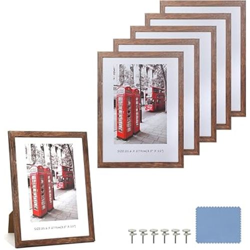 8.5x11 Picture Frame Set of 6, Certificate Document Frame Set with Display Box, Rustic Style Antique Brown Wood Grain Photo Frame Suitable for Desktop Display and Wall Decoration.