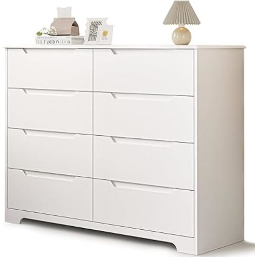 8 Drawer Dresser, 47" Wide White Dresser for Bedroom with Cut-Out Handles, Modern Wooden Chest of Drawers with Anti-Tip Kit, for Living Room, Hallway, Entryway, Home Office