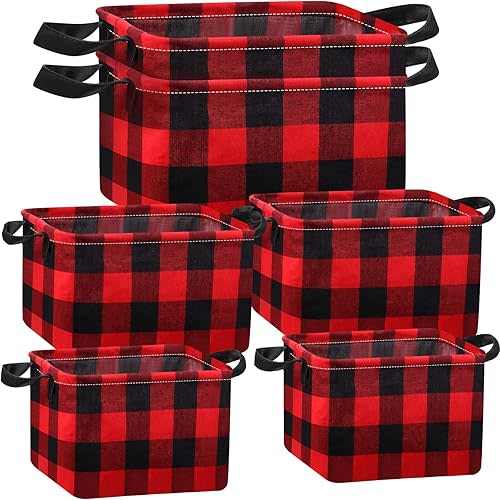 Boao 6 Pcs Buffalo Plaid Basket Square Storage Basket Buffalo Check Basket Bin Solid Storage Organizer with Handles Collapsible Square Organizer for Home Office (Red, Black, Plaid Style)