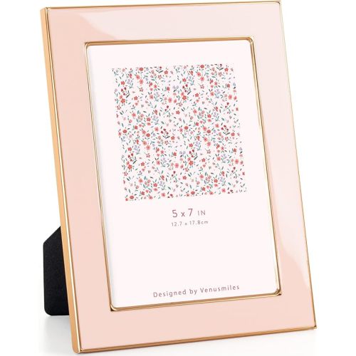 Venusmiles 5x7 Enamel Picture Frame, Gold Metal Edge with Easel, Real Glass Photo Frame for Wall and Tabletop Display Family Office Photo Gallery, Pink Enamel/1pc