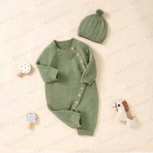 Baby Solid Color Knit Romper with Hat