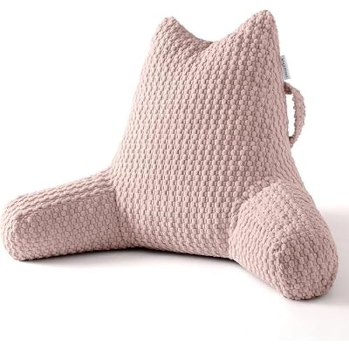 Standard Reading Pillow for Bed Sitting Up, Backrest Pillow with Shredded Memory Foam Filling, Back Support Cushion, Bed Rest Pillow with Arms, Pockets and Washable Cover-Pink