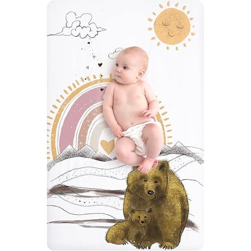 JumpOff Jo - Fitted Mini Crib Sheet for Portable Crib, Playard, and Playpen Mattresses and Mats, Super Soft 100% Cotton, 24 in. x 38 in. - Rainbow Bears