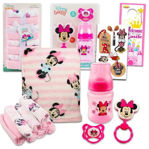 Disney Minnie Mouse Baby Gift Set, Baby Shower Gifts Girls Neutral - 12 Pc Newborn Essentials Bundle with Blanket, Towels, Rattle, Bottle, Pacifier, Scrapbook Stickers, More