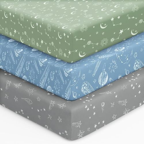 Baby Crib Sheets for Boys Girls, 28x52x8in Fitted Crib Sheet Neutral 3 Pack for Standard Crib and Toddler Mattress, Breathable Soft Microfiber Baby Sheet Green Gray Constellation