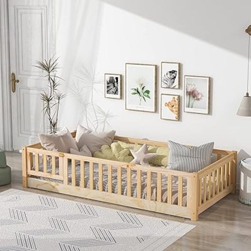 Twin Size Toddlers Montessori Bed with Fence, Wooden Floor Bed Playpen Bed with Doors, Kids Play with Guardrails for Boys Girls (Natural)