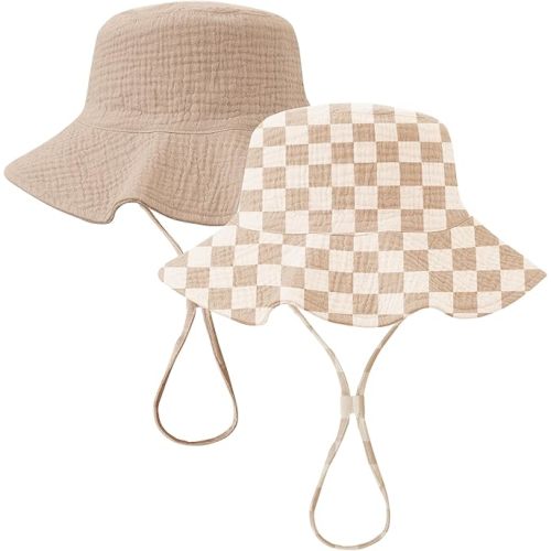 Konssy 2 Pack Muslin Baby Sun Hat UPF 50+ Sun Protection Baby Bucket Hat Summer Beach Hats with Wide Brim for Boys & Girls