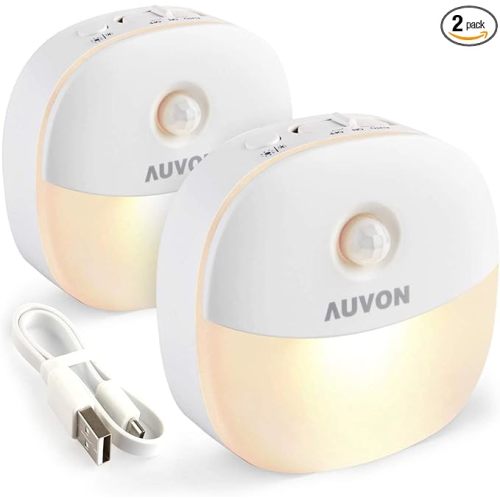 AUVON Rechargeable Battery Night Light, Mini with Motion Sensor, Warm White LED Stick-On Closet Light with Dusk to Dawn Sensor, Adjustable Brightness for Wall, Stairs, Hallway, Cabinet (2 Pack)