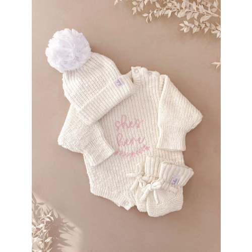 Set | She's Here | Chunky Knit Baby Romper & Hat & Booties | Ivory – Lula Little Ones