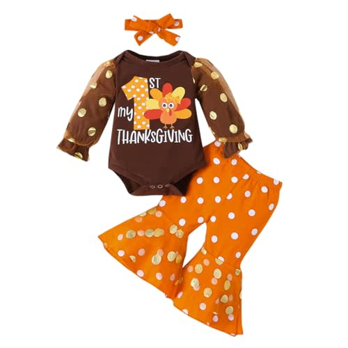 Axumity Newborn Baby Girl My 1st Thanksgiving Outfit Romper Top + Pants with Headband Infant Girl Clothes Set