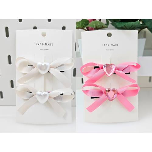 Heart ribbon hair clips for girls, Ivory or pink bow set of 2 with gem detail, Hair bows for toddler, ivory hair clips, piggy tail clip