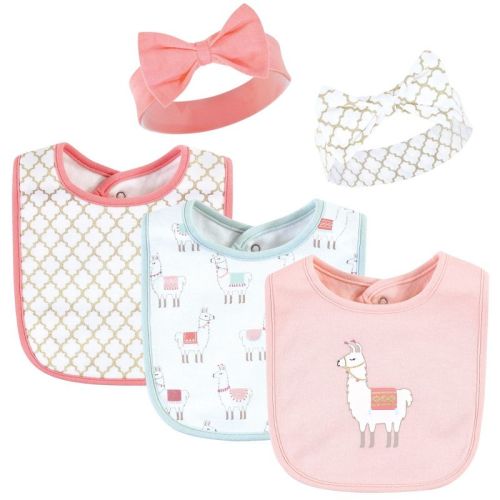 Hudson Baby Infant Girl Cotton Bib and Headband or Caps Set, Llama, One Size