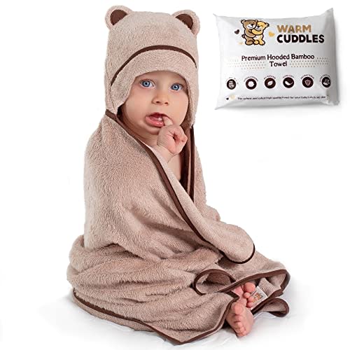 Warm Cuddles Premium Baby Bath Towel - Rayon Made from Bamboo Hooded Baby Towels - Newborn Baby Towel with Hood - Large Hooded Towel for Newborn Infant Boy Girl (Beige)