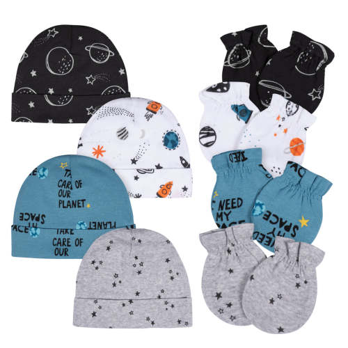 8-Piece Baby Boys Space Explorer No Scratch Mittens & Caps Set – Gerber Childrenswear