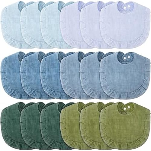 Kenning 18 Pcs Muslin Baby Bibs, Absorbent Drool Bibs with Ruffle Design, Neutral Unisex for Boys and Girls, Adjustable Snap for Teething Newborns