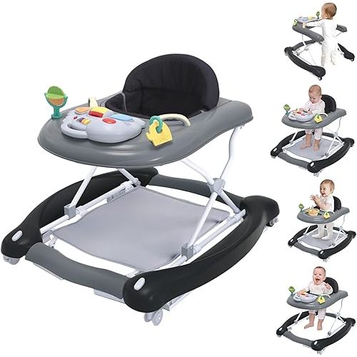 5 in 1 Foldable Baby Walker,Activity Baby Walker-Baby Bouncer,Rocker,Activity Center,Seat and Push Walker,Detachable Footrest Mat,Adjustable Speed Rear Wheels and Height,Ages 6-18 Months (Black)