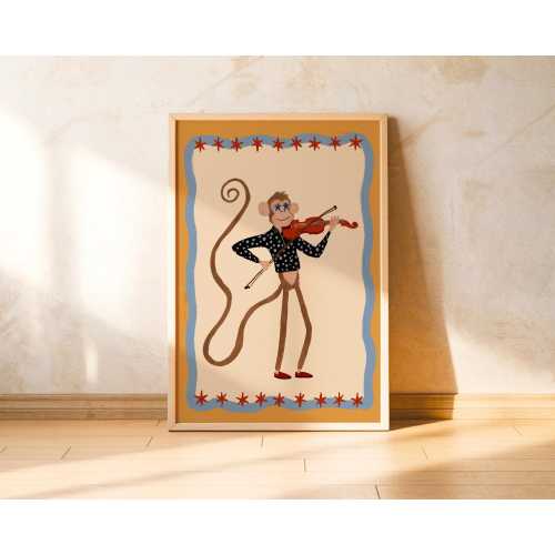 Funky Violin Monkey Poster Kids Room Wall Art Jungle Music Animal Print Nursery Playroom Cool Boho Decorative Art for Children