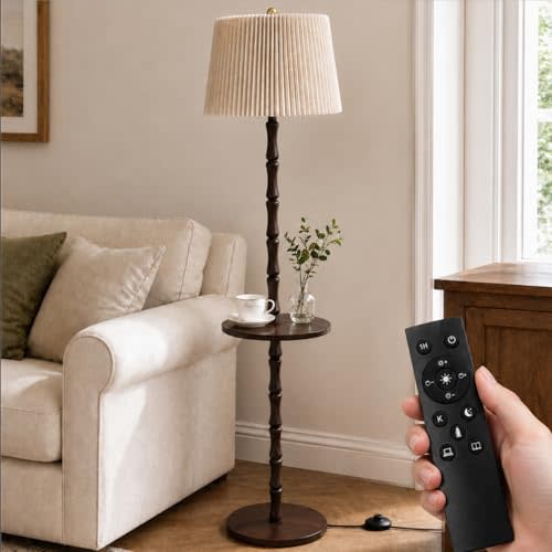 Real Wood Floor Lamp with Built-in Tray, Remote Control, Adjustable Brightness & 3 Color Temperatures, Dimmable Standing Lamp for Living Room, Bedroom, and Office – Easy Setup(Dark Walnut)