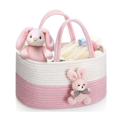 Bunny Baby Diaper Caddy Organizer，Cotton Rope Nursery Storage Bin Basket Baby Shower Easter Basket Portable Holder Tote Bag with Handle C
