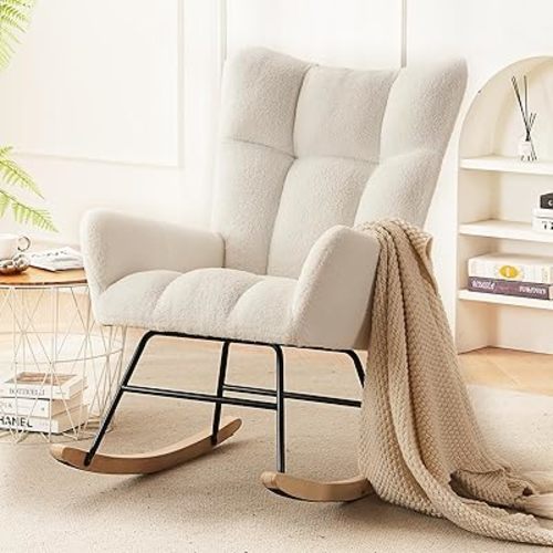 Modern Nursery Rocking Chair, Upholstered Glider Chair with High Backrest, Rocker Accent Armchair with Solid Wood Legs for Nursery Bedroom Living Room (Ivory)