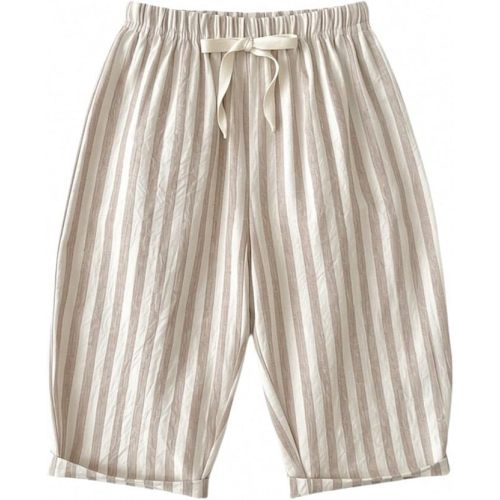 Toddler Boys Cute Striped Pants Baby Girls Baggy Cotton Linen Sweatpants with Drawstring Summer Elastic Waist Barrel
