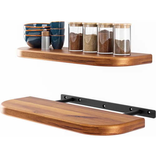 TIDITA 17" Acacia Wood Floating Shelves Wall Mounted (Round Edge), Wooden Shelf for Bedroom, Kitchen - Brackets and Shelving Hardware Included, Brown