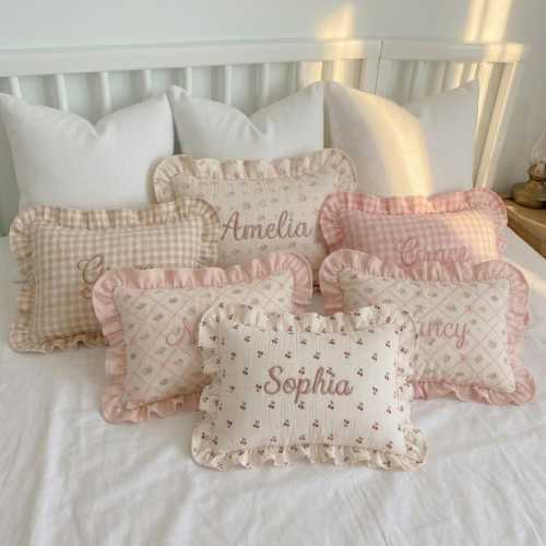 Embroidered Baby Name Pillow | Ruffled Linen Nursery Decor, Heirloom Toddler Sham