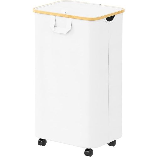 SpaceAid Laundry Hamper with Wheels and Lid, 26 Gal (100L) Rolling Clothes Basket with Bamboo Handle, Large Laundry Hamper for Bedroom, Bathroom, Dorm, Laundry Room - White