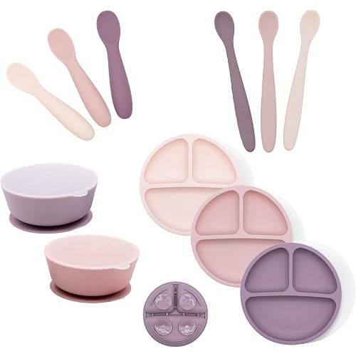 WeeSprout Silicone Mealtime Essentials Bundle | Ages 4+ Months | Suction Plates, Suction Bowls, Self-Feeding & Infant Feeding Spoons