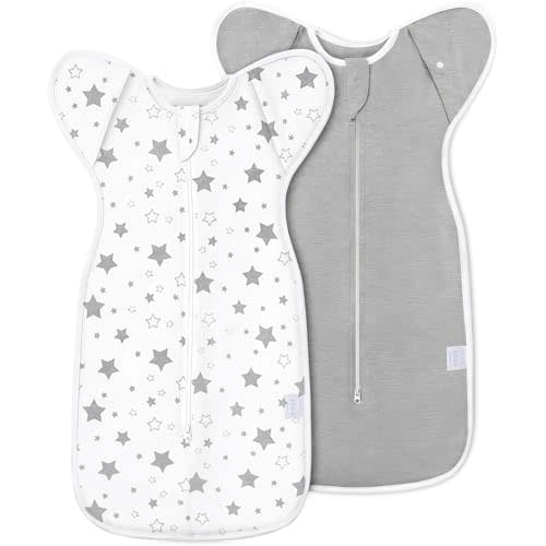 2-Pack Baby Swaddle Sleep Sack 0-3 Months - Arms Up Transitional Swaddle for Newborns, Baby Sleep Sack with Cuff Removable & 2-Way Zipper, Gray Stars Design