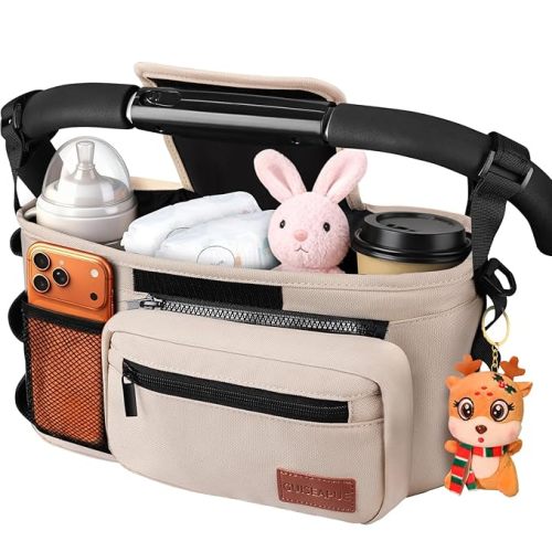 Guiseapue Universal Stroller Organizer with Cup Holder: Baby Essentials, Stroller Caddy with Shoulder Strap, Detachable Phone Bag, Stroller Accessories, Chirstmas New Moms Baby Gifts