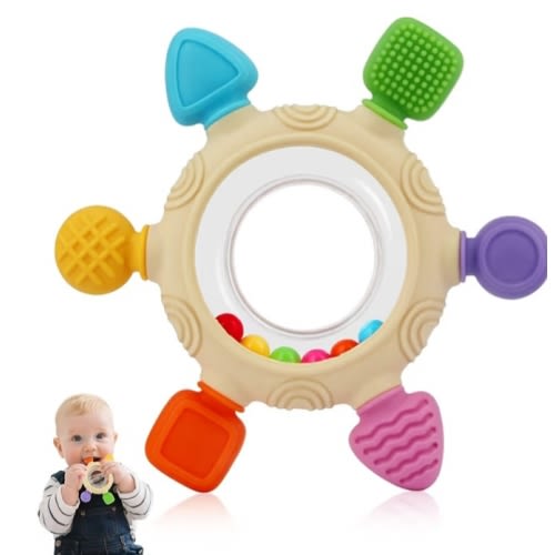 Baby Teething Rings Toys for 0-6 6-12 Months Baby Rattle Teether Sensory Toys for Babies 0-24Months Silicone Teether Relief Chew Soothing Sore Gums for Newborn Infant Essentials BPA Free