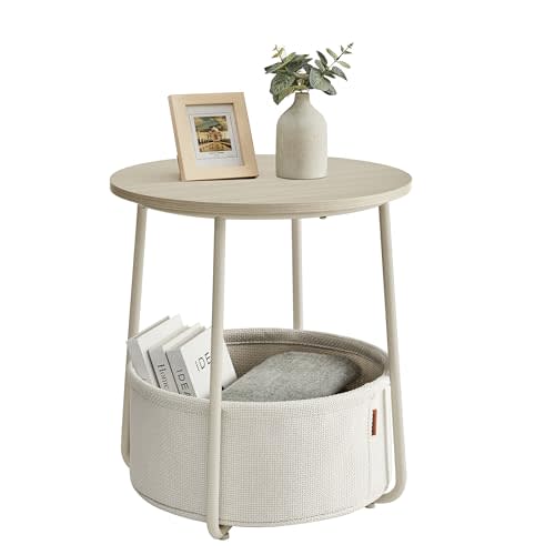 VASAGLE LILEA Collection - Small Round Side End Table, Modern Nightstand with Fabric Basket, Cream White ULET223K67