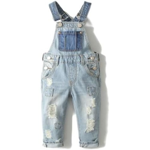 KIDSCOOL SPACE Little Girl Boy Jean Overalls,Toddler Ripped Denim Overall Pants