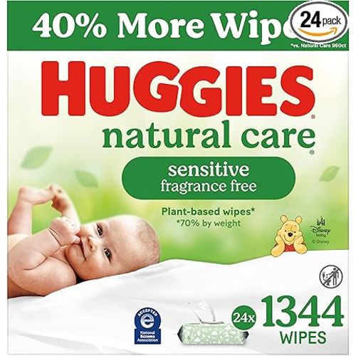 Huggies Natural Care Sensitive Baby Wipes, Unscented, Hypoallergenic, 99% Purified Water, 24 Soft Packs of 56 (1344 Wipes Total)