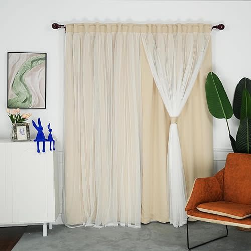 INLINAS 52 x 96 Inches Beige Blackout Curtains with Sheer Overlay - Back Tab and Rod Pocket Thermal and Noise Reduction Panels for Bedroom and Living Room Light Blocking and Energy Saving, Set of 2