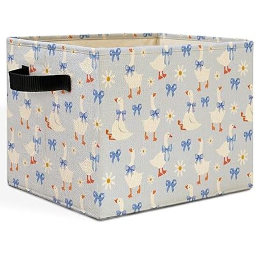 Coquette Blue Bow Goose Nursery Storage Bins Box with Handles, Preppy Girly Goose Flower Laundry Basket Hamper Collapsible Clothes Toys Organizer for Girls Toddler Room Bathroom