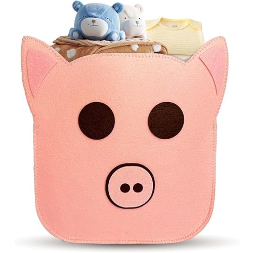 Felt Baby Basket,Pig Shaped Baby Gift Basket Nursery Organizer for Storage Infant Newborn Essentials,Foldable Bathroom and Bedroom Stuff Diaper Toys Vintage Decor with Cute Pig Design