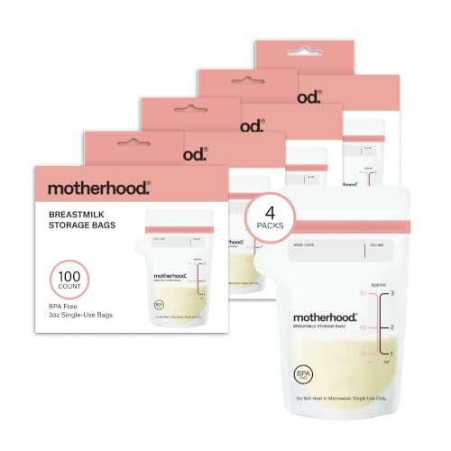 Motherhood Maternity Breastmilk Storage Bags, 3 oz, 400 Count (100 Bags x 4 Pack) – Leak Proof Breast Milk Freezer Storage Bags, Pre-Sterilized & BPA Free, Self-Standing & Flat Lay