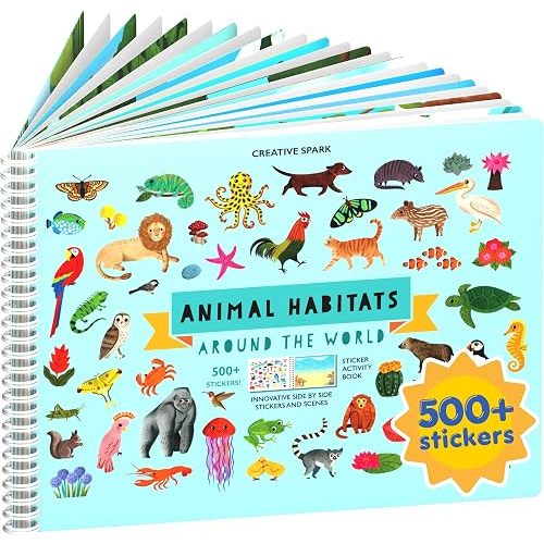 CUPKIN Animals Habitat 500+ Kids Sticker Book Toddler Airplane Travel Activity Coloring and Sticker Book, Road Trip Essentials, 12 Coloring Pages + 12 Scenes for Ages 2–8 Years