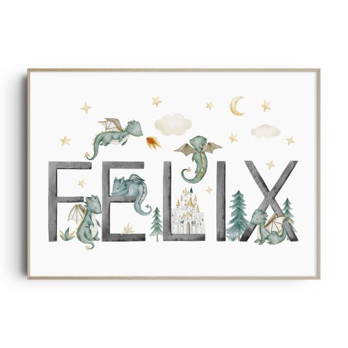 Dragon Nursery Print, Custom Name Wall Art, Dragon Nursery Art, Dragon Nursery Wall Art, Dragon Nursery Decor, Fairytale, Birth Print, Boy